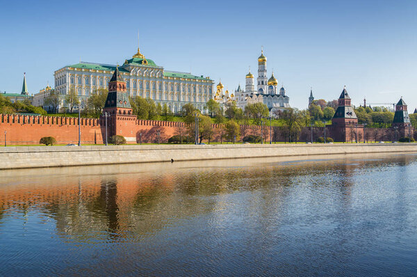 Morning view of  Moskva River, embankments, Kremlin Towers in Moscow, Russia.