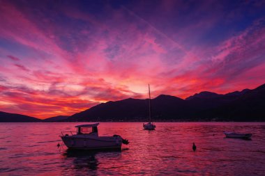 Sunset view of Kotor bay and mountains near Tivat, Montenegro.