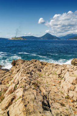 Karadağ 'ın Lustica yarımadasından Kotor Körfezi' nin güneşli manzarası.