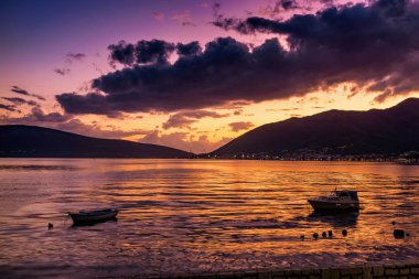 Sunset view of Kotor bay and mountains near Tivat, Montenegro.