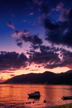 Sunset view of Kotor bay and mountains near Tivat, Montenegro.