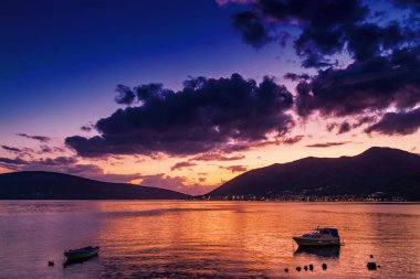 Sunset view of Kotor bay and mountains near Tivat, Montenegro.