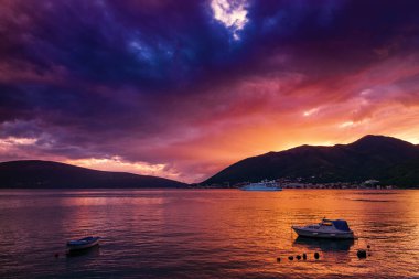 Sunset view of Kotor bay and mountains near Tivat, Montenegro.