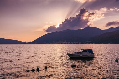 Sunset view of Kotor bay and mountains near Tivat, Montenegro.