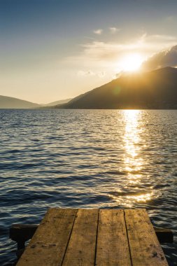 Sunset view of Kotor bay and mountains near Tivat, Montenegro.