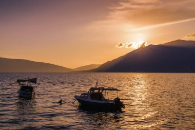 Sunset view of Kotor bay and mountains near Tivat, Montenegro.