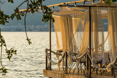 Sunset view of Kotor bay and mountains near Tivat, Montenegro.