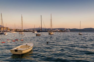 Sunset view of Kotor bay and mountains near Tivat, Montenegro.