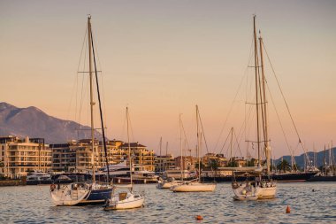 Sunset view of Kotor bay and mountains near Tivat, Montenegro.