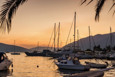 Sunset view of Kotor bay and mountains near Tivat, Montenegro.
