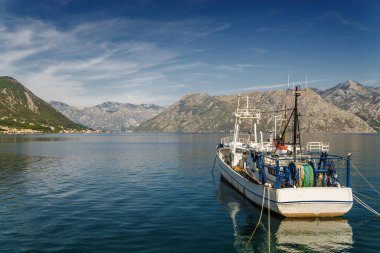 Karadağ 'ın Dobrota kasabası yakınlarındaki Kotor Körfezi' nin güneşli sabah manzarası.