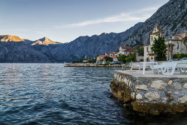 Sunny morning view of Kotor bay near village Dobrota, Montenegro.