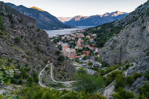 Sunny Morning Panoramic View Kotor Bay Ruins Kotor Castle San — стоковое фото