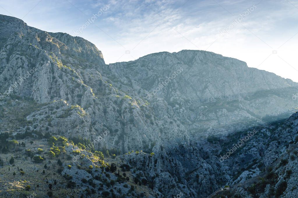 Sunny morning panoramic view of mountains of Kotor bay, Montenegro.