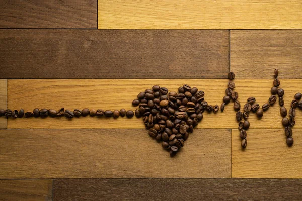 Composición Granos Café Sobre Fondo Ladrillos Madera Vista Plana — Foto de Stock