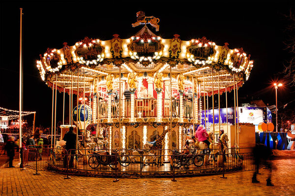 Carousel on the Sophia's Square in the center of Kiev, Ukraine. 13 january 2017