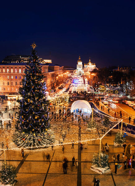 Xtree with new year decorations on the Sophia's Square in the center of Kiev, Ukraine
