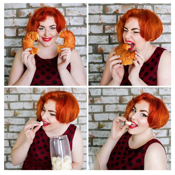 Vackra röda hår ung kvinna på diet äta limpa — Stockfoto