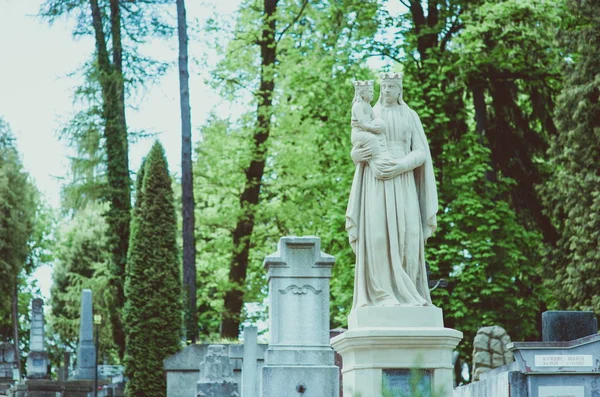 Vista para os monumentos e detalhes da arquitetura no cemitério Lychakivske, Lviv, Ucrânia, Europa — Fotografia de Stock