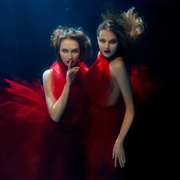 Kırmızı şık elbiseler içinde su altında sualtı portre ot iki genç güzel kız makyaj — Stok fotoğraf