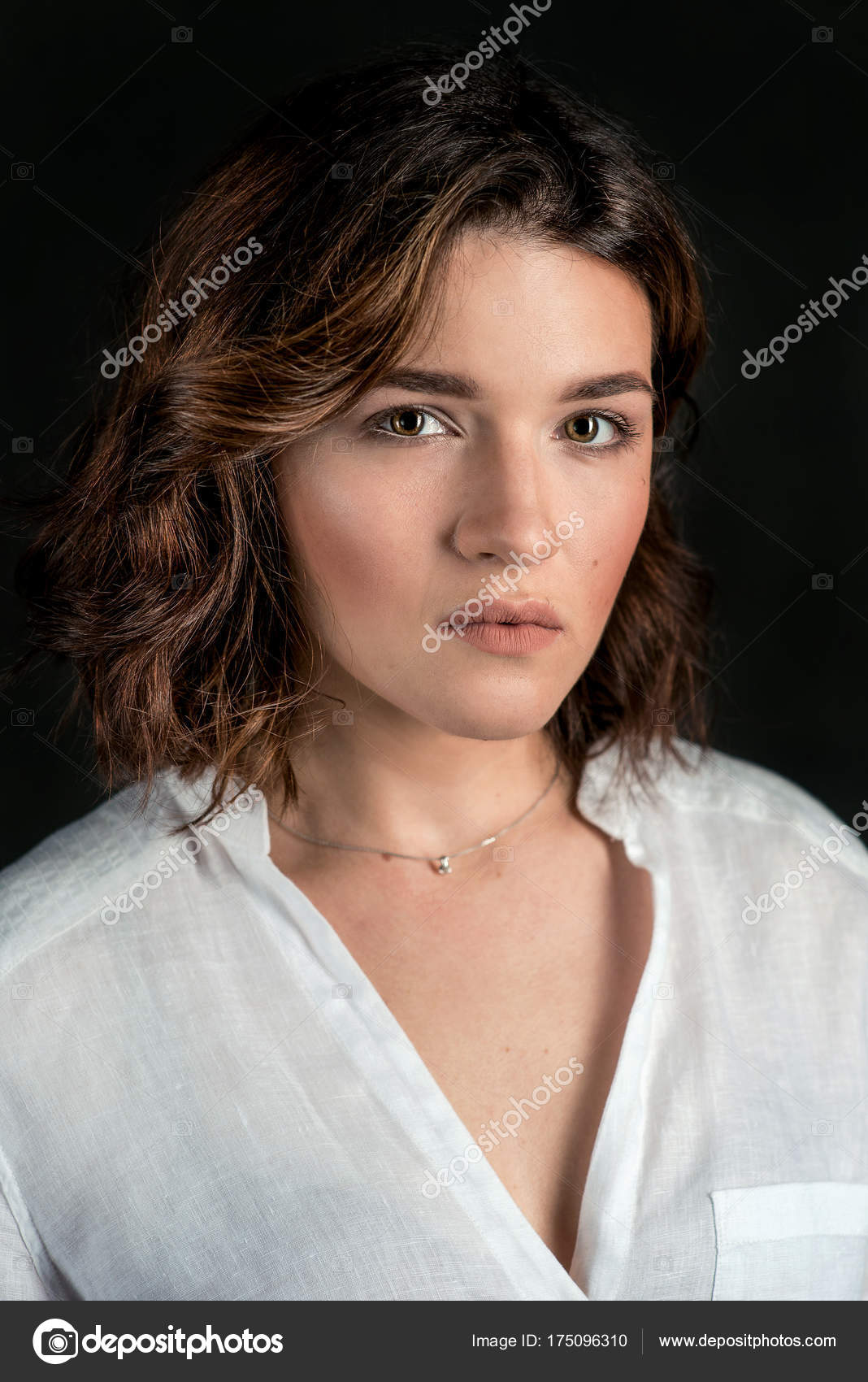 Portraite Young Beautiful Sad Woman Actress Short Brown Hair White