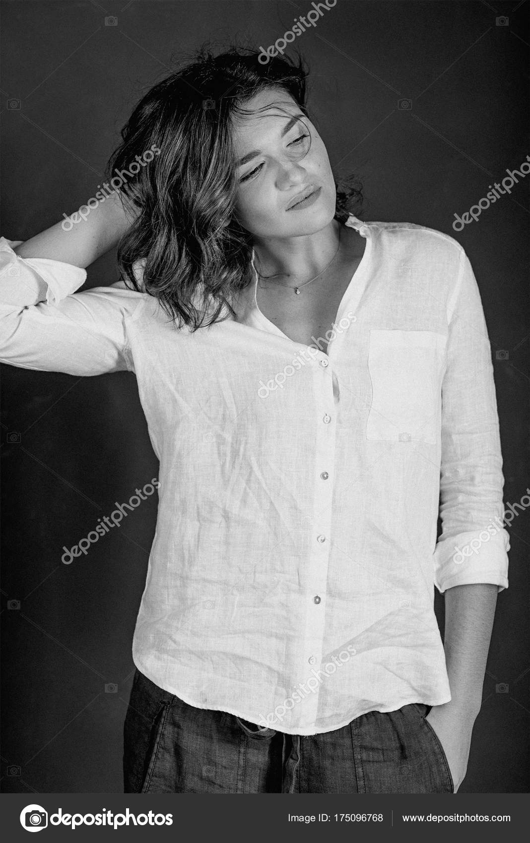 Black White Portraite Young Beautiful Smiling Woman Actress Short
