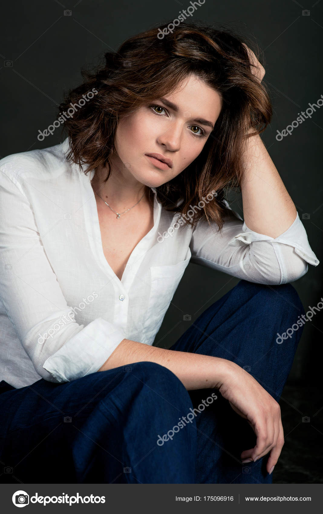 Portraite Young Beautiful Sad Woman Actress Short Brown Hair White