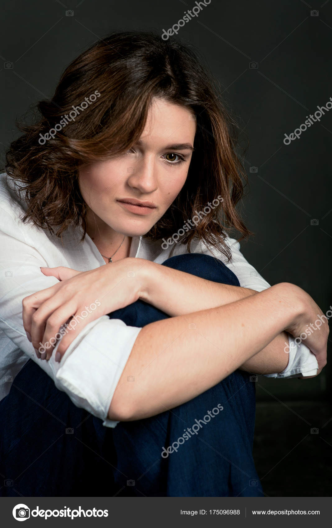 Portraite Young Beautiful Woman Actress Short Brown Hair White