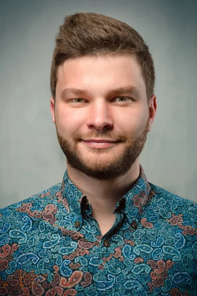 Business Portrait Caucasian Serious Stylish Handsome Man Beard Pattern Shirt — Stock Photo, Image