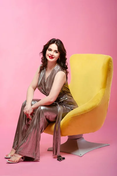 Portrait Brunette Pretty Attractive Young Woman Silver Disco Overalls Sitting — Stock Photo, Image