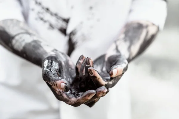 Dirty Hands Body Parts Black Gold Oil — Stock Photo, Image