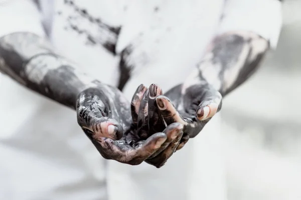 Smutsiga Händer Med Svart Guld Olja Föroreningar Eko Skuld Global — Stockfoto