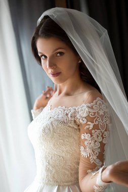 Geleneksel Avrupa beyaz elbisesi içinde güzel, çekici bir kadın gelinin portresi 