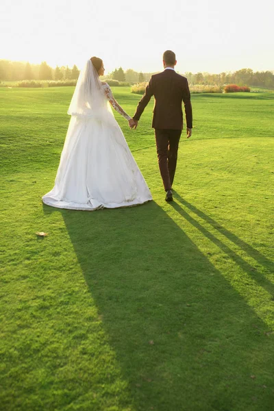 Bröllop Par Kvinna Och Man Bröllopsklänning Och Kostym Promenader Fältet — Stockfoto