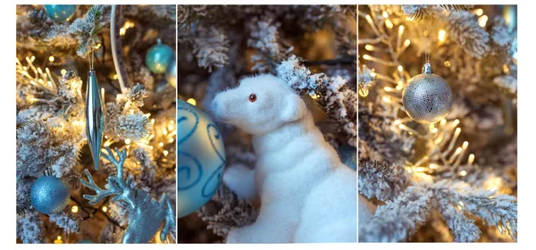 Vykort Collage Vackra Blå Och Silver Jul Dekorationer Med Filt — Stockfoto