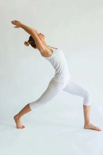 Blonde Beautiful Cheerful Woman Doing Yoga Asanas Healthy Lifestyle Sport — Stock Photo, Image