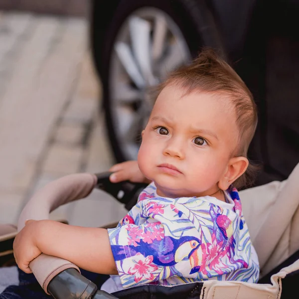 Blandad Ras Liten Pojke Sitter Barnvagnen Varma Dag Utomhus Begreppet — Stockfoto