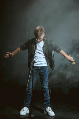 Beyaz tişört, mavi kot pantolon ve koyu arkaplanda mikrofon şakıyan deri ceketli beyaz ergen portresi. Hooby ve zafer konsepti