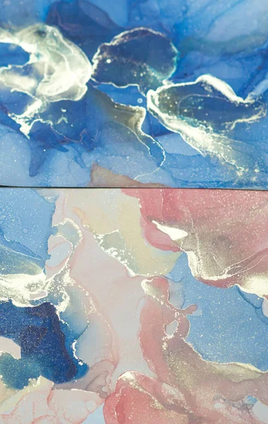 Fragment Peinture Encre Alcool Couleurs Corail Bleu Fond Coloré Abstrait — Photo