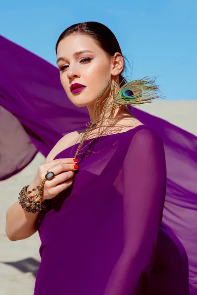 砂漠の紫色の生地に孔雀の羽を持つ素晴らしい美しいブルネットの女性 インド ファッション スタイルの概念 — ストック写真