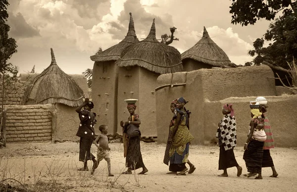 माळी, पश्चिम आफ्रिका कुत्रा गावे चिखल घरे, पूल आणि फुलनी पी — स्टॉक फोटो, इमेज