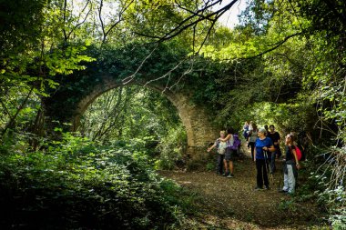 Montescudaio, Pisa, İtalya - 19 Ekim 2017 - yürüyüşçüler yürüyüş boyunca