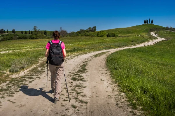 Asciano, Toskana, İtalya -, bilinmeyen insanlar boyunca yürüyüş trekking — Stok fotoğraf