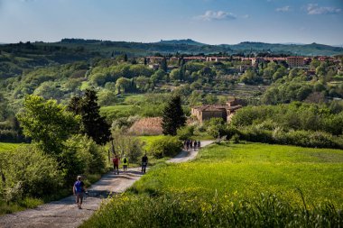 Asciano, Toskana, İtalya - bilinmeyen insanlar yürürken, insanlar
