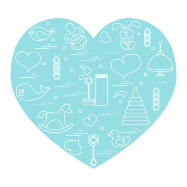 Vektör çizim çocuklar bir kalp düzenlenmiş elemanları: kuş, ne