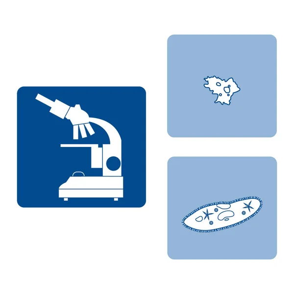 Icônes stylisées de microscope, amibe, cilié-pantoufle. Laborateur — Image vectorielle