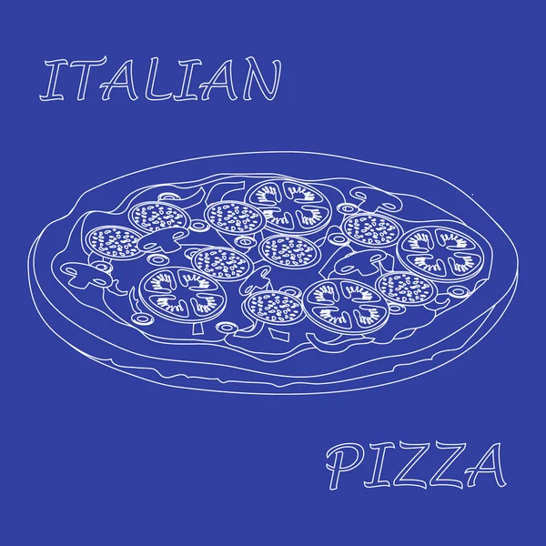 Bella illustrazione di gustosa e appetitosa pizza con iscrizioni . — Vettoriale Stock