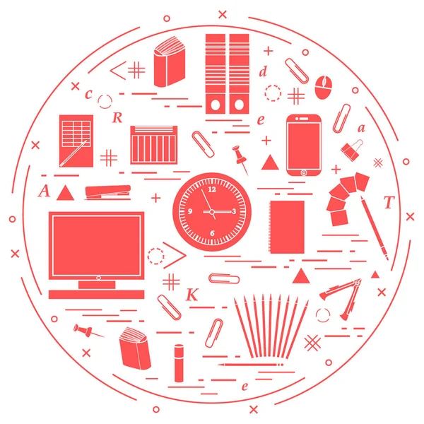 Conjunto de diferentes objetos de oficina dispuestos en un círculo. Incluyendo: — Vector de stock