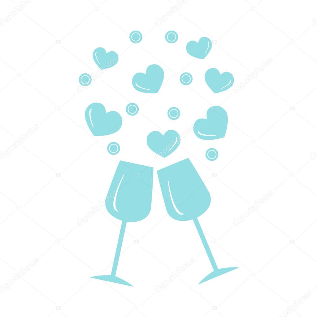 Cute vector illustration of two stemware with hearts. Greeting c