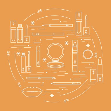 Vektör çizimi farklı dudak makyaj araçları düzenlenen bir